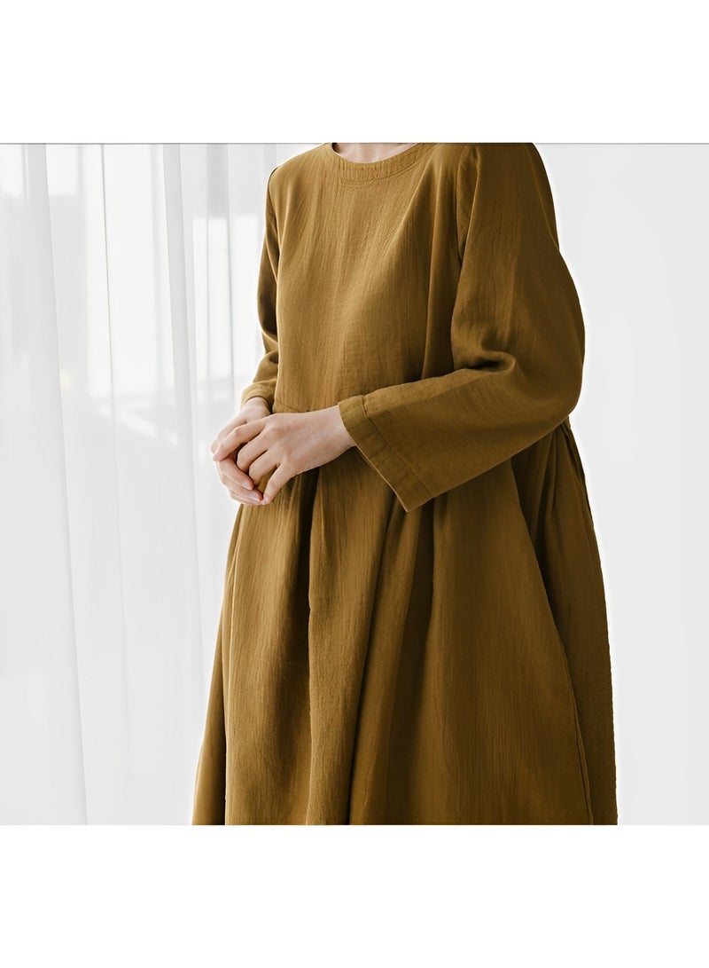 REOCLE Women's Plus Size Dress Solid Loose Long Maxi Dress Solid Color Cotton and Linen Round Neck Pullover Large Long Sleeve Dress Fall Dresses  - Image 4