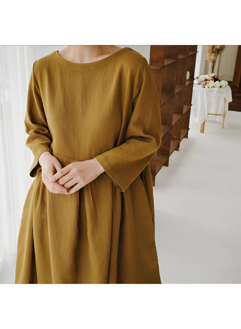 REOCLE Women's Plus Size Dress Solid Loose Long Maxi Dress Solid Color Cotton and Linen Round Neck Pullover Large Long Sleeve Dress Fall Dresses  - Image 3