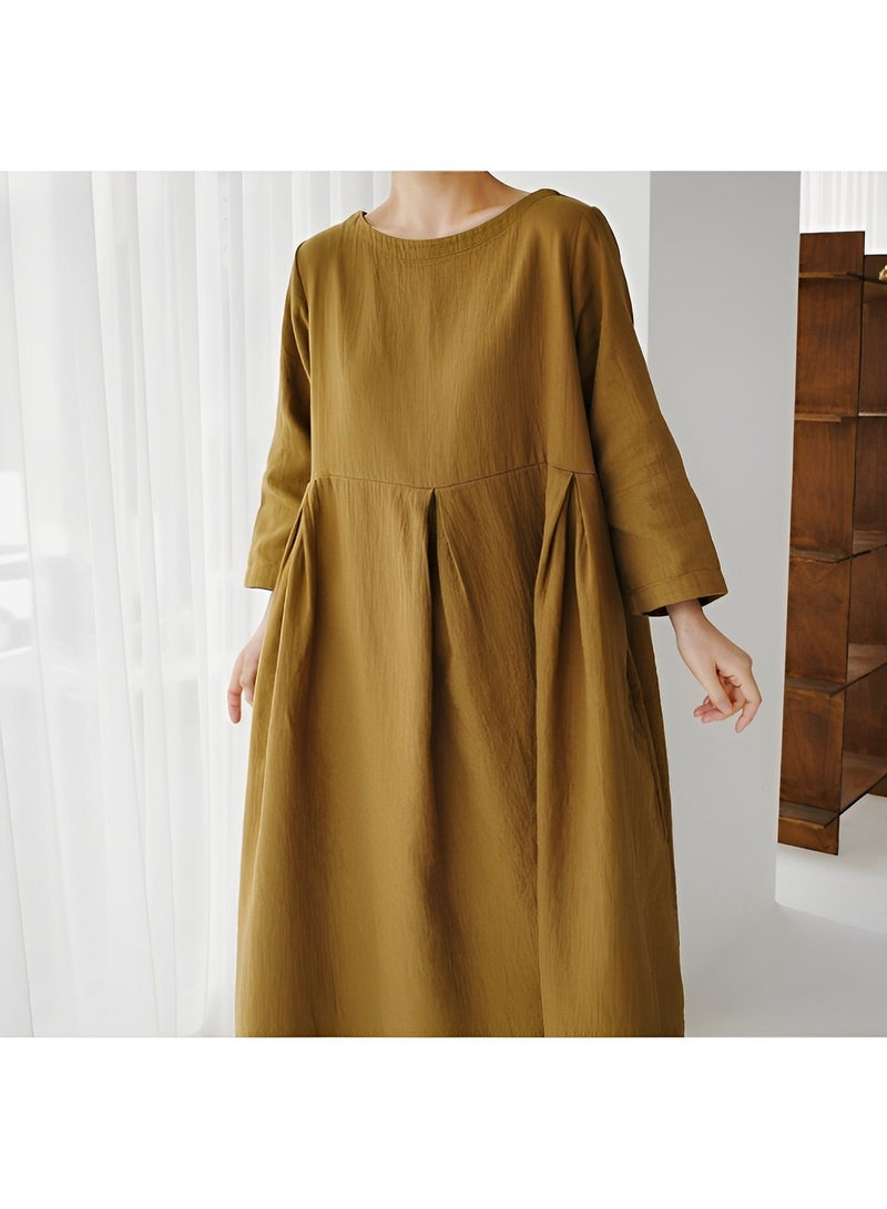 REOCLE Women's Plus Size Dress Solid Loose Long Maxi Dress Solid Color Cotton and Linen Round Neck Pullover Large Long Sleeve Dress Fall Dresses  - Image 5