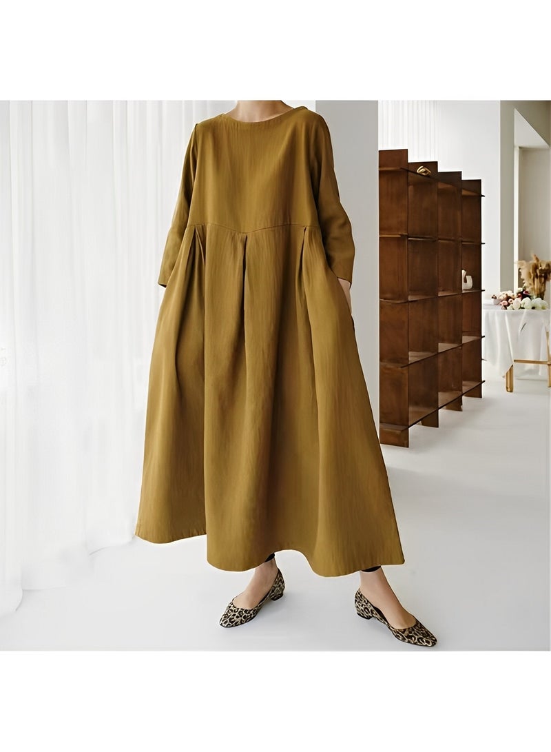REOCLE Women's Plus Size Dress Solid Loose Long Maxi Dress Solid Color Cotton and Linen Round Neck Pullover Large Long Sleeve Dress Fall Dresses  - Image 1