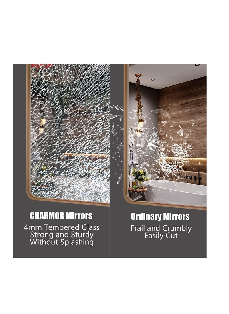 Generic Wall Mirror Square Bathroom Make Up Mirror Modern Metal Framed Vanity Mirror Wall Mounted Decorative Hanging Mirror with Round Corner for Bedroom Living Room Entryway Hall (50 * 50CM, Golden)  - Image 3