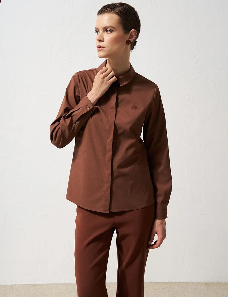 Kayra Shirt Collar Poplin Tunic Dark Brown