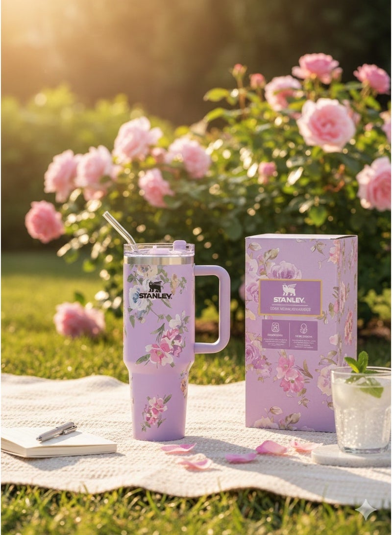 Stanley Love Shack Fancy Tumbler  – 40oz Travel Mug with Handle & Leak-Resistant Lid, Vacuum Insulated, Hot & Cold, Premium Limited Edition – Purple Floral Design - Image 2