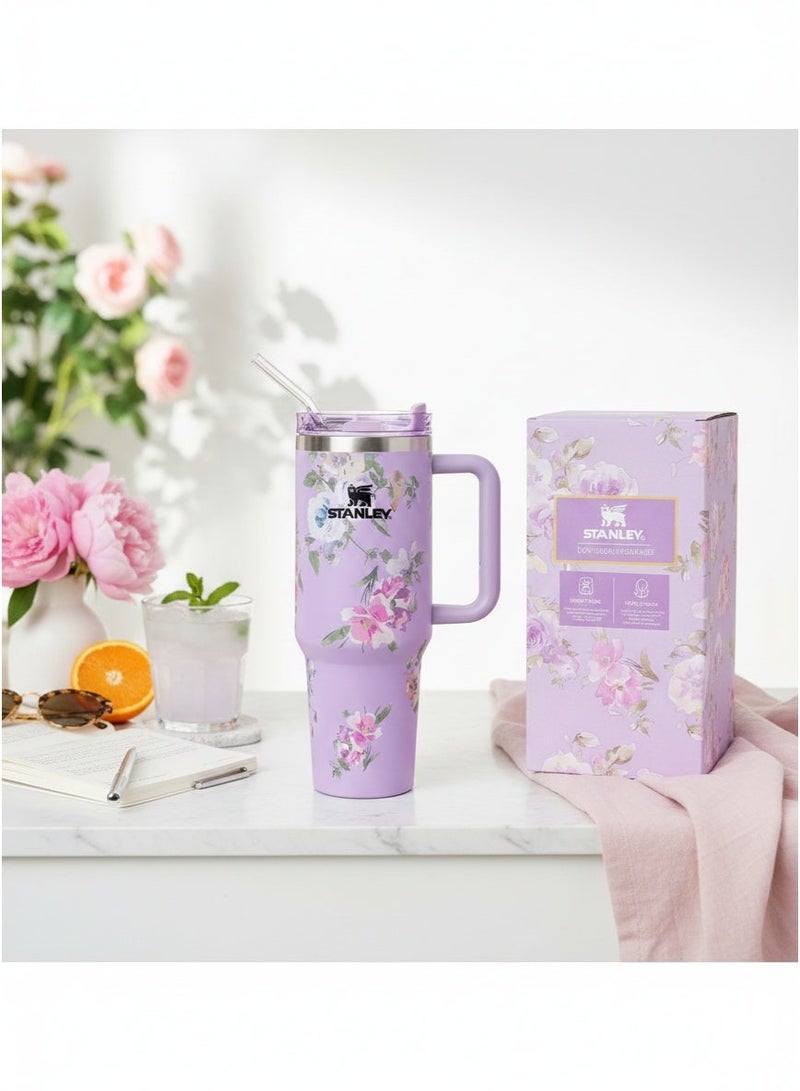Stanley Love Shack Fancy Tumbler  – 40oz Travel Mug with Handle & Leak-Resistant Lid, Vacuum Insulated, Hot & Cold, Premium Limited Edition – Purple Floral Design - Image 3