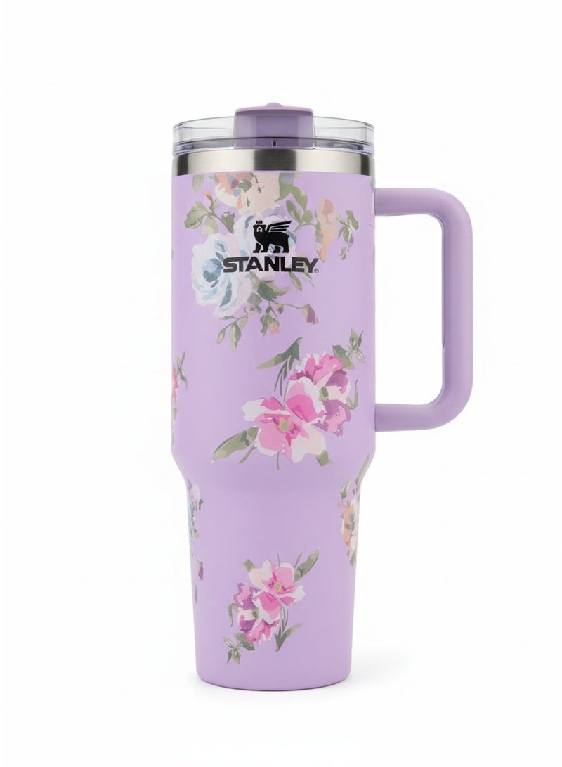 Stanley Love Shack Fancy Tumbler  – 40oz Travel Mug with Handle & Leak-Resistant Lid, Vacuum Insulated, Hot & Cold, Premium Limited Edition – Purple Floral Design - Image 1
