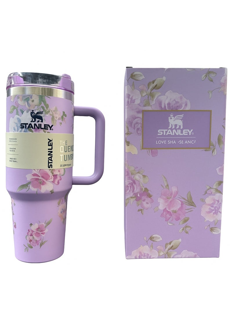Stanley Love Shack Fancy Tumbler  – 40oz Travel Mug with Handle & Leak-Resistant Lid, Vacuum Insulated, Hot & Cold, Premium Limited Edition – Purple Floral Design - Image 4