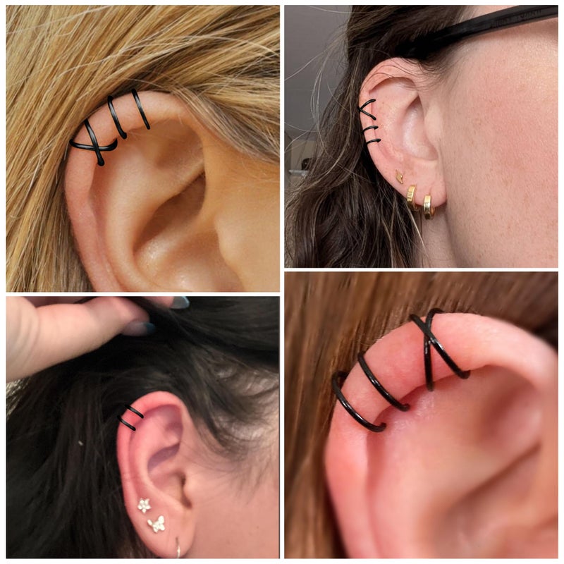 Milacolato 4Pcs 925 Sterling Silver Ear Cuff: Adjustable Non Piercing Minimalist Fake Helix Cartilage Earcuff, Dainty Clip-on Earrings Hypoallergenic with 14K Gold Plating for Women Man-Black - Image 4