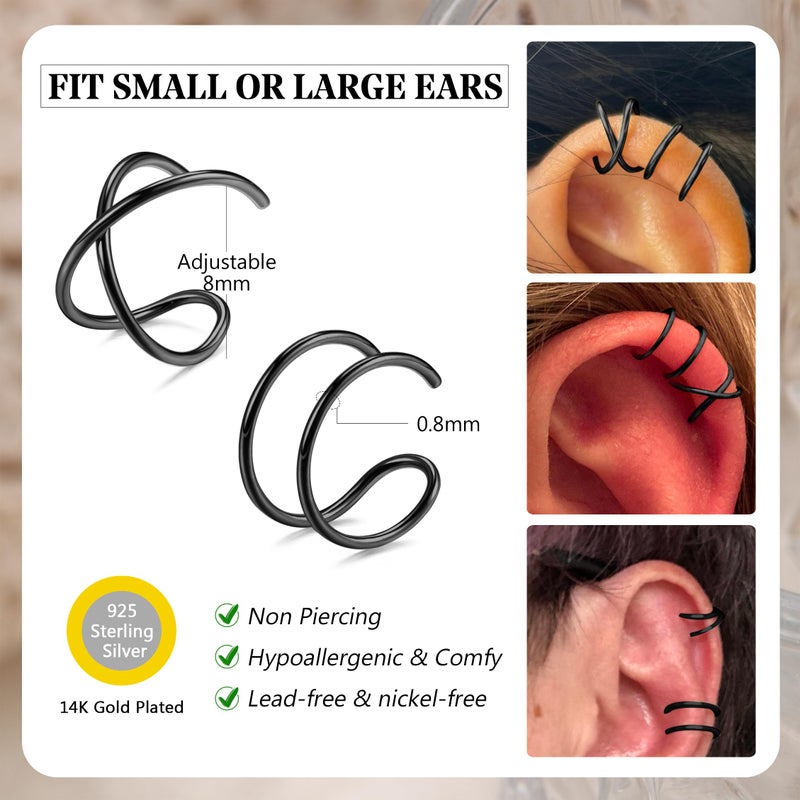 Milacolato 4Pcs 925 Sterling Silver Ear Cuff: Adjustable Non Piercing Minimalist Fake Helix Cartilage Earcuff, Dainty Clip-on Earrings Hypoallergenic with 14K Gold Plating for Women Man-Black - Image 2