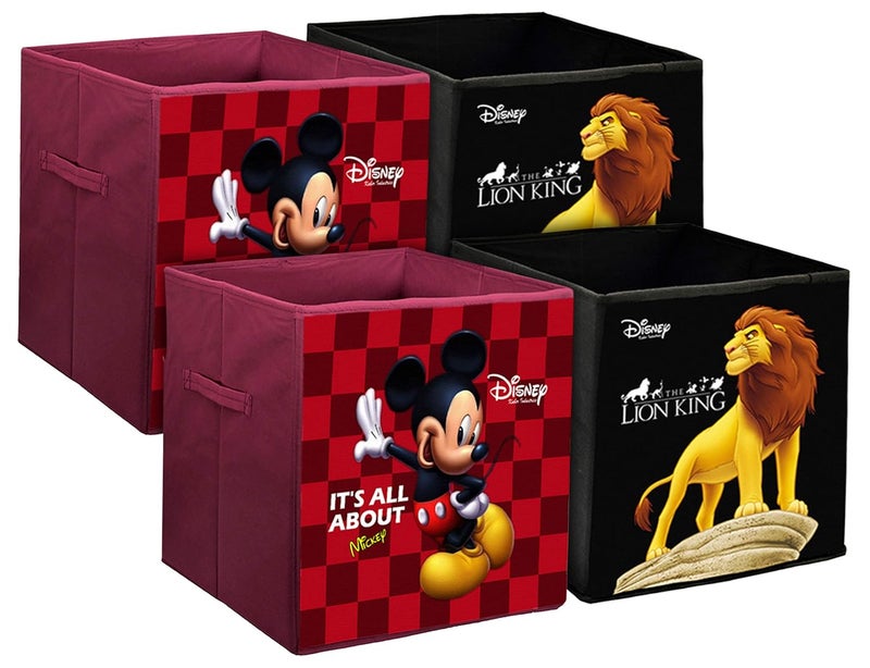 Kuber Industries Kuber Industries Disney Mickey Lion King Print Non Woven Fabric 4 Pieces Foldable Large Size Cloth Storage Box Toy Books Wardrobe Organiser Cube with Handle Black MaroonKUBMART10820  - Image 1