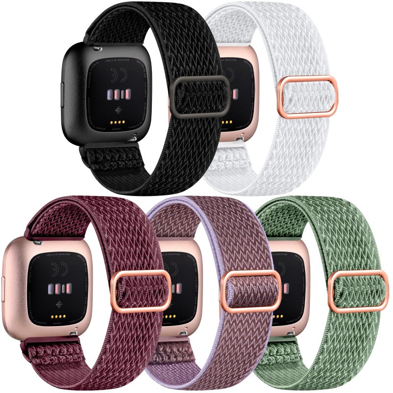 DaQin Elastic Sport Nylon Band Compatible with Fitbit Versa 2 Watch Bands Women Men, 5 Pack Adjustable Stretchy Solo Loop Wristband for Versa/Versa Lite/SE/Fitbit Versa 2 Bands Women of Smartwatch - Image 1