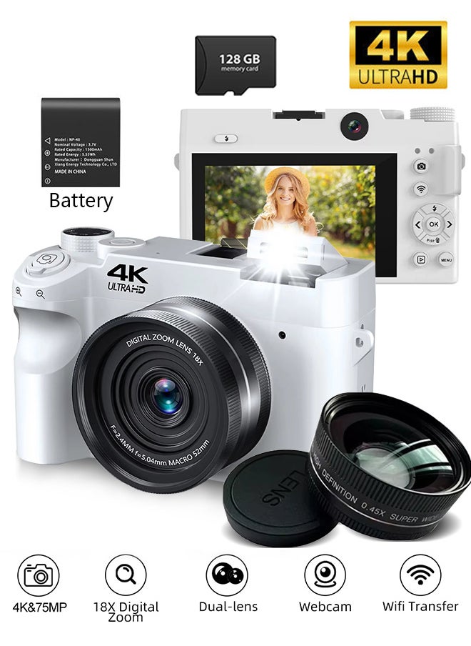 SJCAM 4K Digital Camera for Photography, WiFi 75MP Vlogging Cameras for UHD Autofocus Video Camera 3" 180° Flip Screen with 18X Zoom Travel Camara with 128GB TF Card, 2 Batteries,For Kids Boys Girls  - Image 1