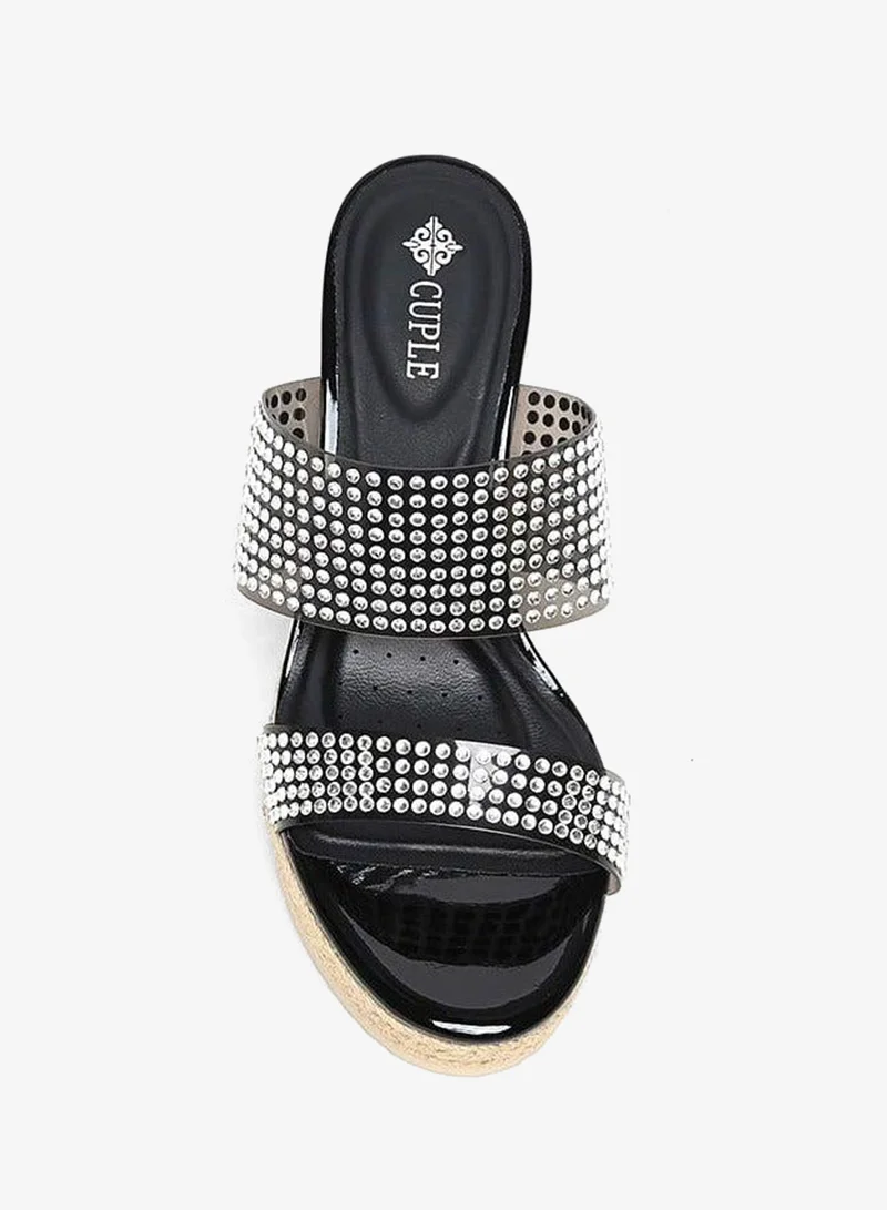 Cuple Clear/Black Comfort Double Strap Embellished Wedge Sandals for Women | Best Price UAE