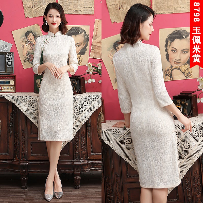 Cropped Sleeve Lace Cheongsam Improved Plus Size Mid-Length Banquet Performance Slim-Fit Chinese Style Dress - Image 1
