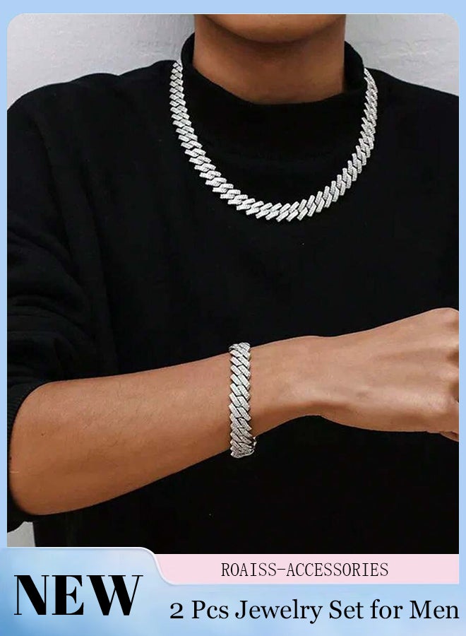 رويس مجموعة أساور وقلادات سلسلة كوبية مرصعة بأحجار الراين للرجال، قلادة هيب هوب هندسية عصرية، مناسبة للارتداء اليومي للرجال، فضية - Image 1