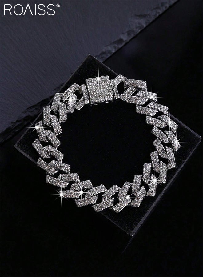 رويس مجموعة أساور وقلادات سلسلة كوبية مرصعة بأحجار الراين للرجال، قلادة هيب هوب هندسية عصرية، مناسبة للارتداء اليومي للرجال، فضية - Image 4