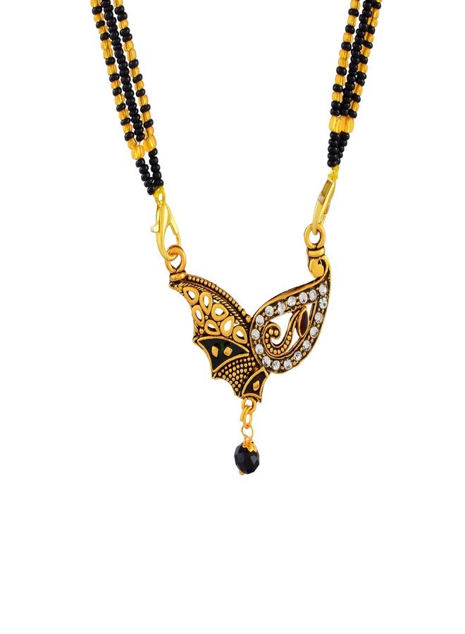 DULCI Brass Antique Gold Plated Black Enamel & Sparkling CZ Stones Art Deco Butterfly Mangalsutra - Image 1