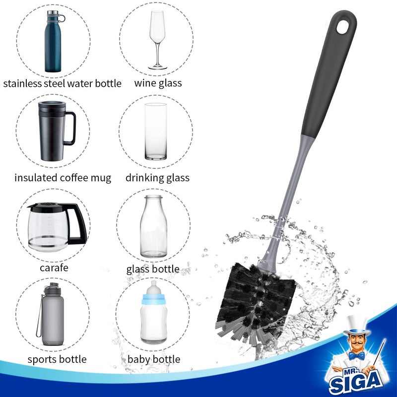 Mr Siga MR.SIGA Long Handle Bottle Brush, Flexible Scrub Brush for Water Bottles, Glasswares, Mugs, Black, 2 Pack - Image 4