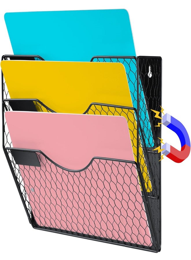 NiOffice 3-Pocket Magnetic File Organizer for Office and Home - Vertical Magazine and Mail Holder with No-Drill Mounting for Wall, Cabinet or Fridge (Black) - Image 1
