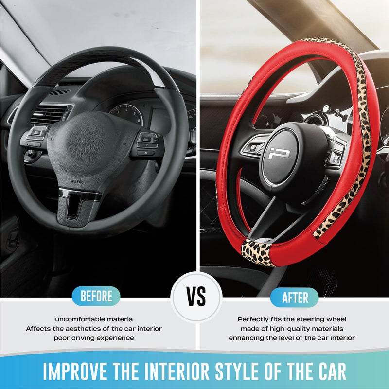 Road Comforts Steering Wheel Cover - Made with PVC Leather and Leopard Fabric - Universal 14 1/2 inches to 15 inches for Most Automotive Steering Wheel - Cheetah Print -Red - Image 3
