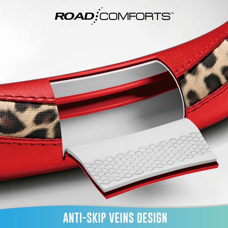 Road Comforts Steering Wheel Cover - Made with PVC Leather and Leopard Fabric - Universal 14 1/2 inches to 15 inches for Most Automotive Steering Wheel - Cheetah Print -Red - Image 4