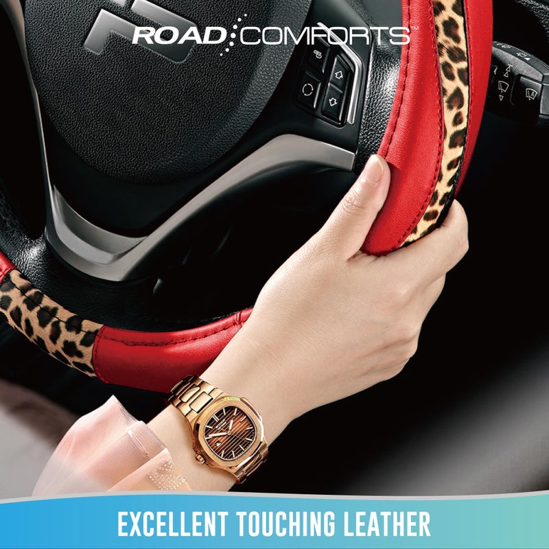 Road Comforts Steering Wheel Cover - Made with PVC Leather and Leopard Fabric - Universal 14 1/2 inches to 15 inches for Most Automotive Steering Wheel - Cheetah Print -Red - Image 5