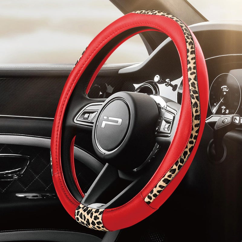 Road Comforts Steering Wheel Cover - Made with PVC Leather and Leopard Fabric - Universal 14 1/2 inches to 15 inches for Most Automotive Steering Wheel - Cheetah Print -Red - Image 1