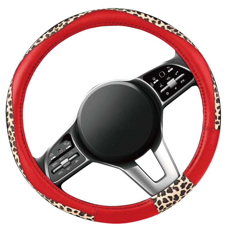 Road Comforts Steering Wheel Cover - Made with PVC Leather and Leopard Fabric - Universal 14 1/2 inches to 15 inches for Most Automotive Steering Wheel - Cheetah Print -Red - Image 2