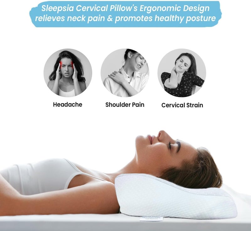 Sleepsia وسادة من الرغوة الذاكرة لدعم الرقبة مع ضمان لمدة عام | وسادة طبية لآلام الرقبة توفر دعمًا إضافيًا للرقبة لمن ينامون على الجانب أو الظهر (لون أبيض، مادة جل)، الطراز PK2 - Image 4