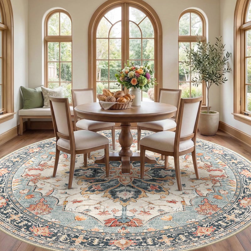RELEANY 8ft Round Rug, Area Rugs 8ft, Washable Rug, Non-Slip, Rugs for Living Room for Bedroom, Circle , Vintage Rugs Boho Floral Medallion, Low Pile, Soft, Beige Dark Blue Navy Red - Image 2