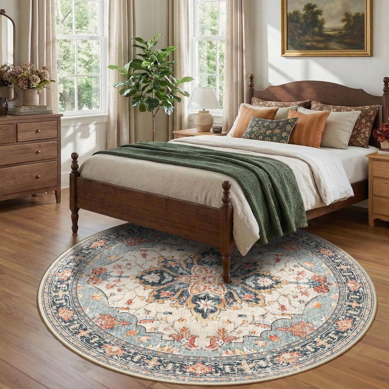 RELEANY 8ft Round Rug, Area Rugs 8ft, Washable Rug, Non-Slip, Rugs for Living Room for Bedroom, Circle , Vintage Rugs Boho Floral Medallion, Low Pile, Soft, Beige Dark Blue Navy Red - Image 3