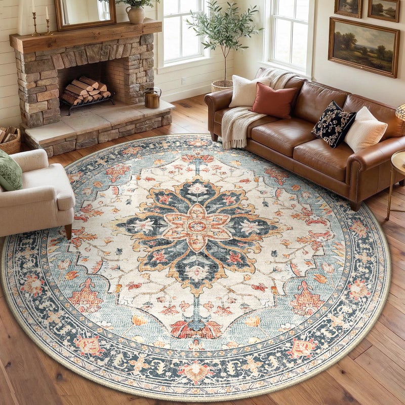 RELEANY 8ft Round Rug, Area Rugs 8ft, Washable Rug, Non-Slip, Rugs for Living Room for Bedroom, Circle , Vintage Rugs Boho Floral Medallion, Low Pile, Soft, Beige Dark Blue Navy Red - Image 1