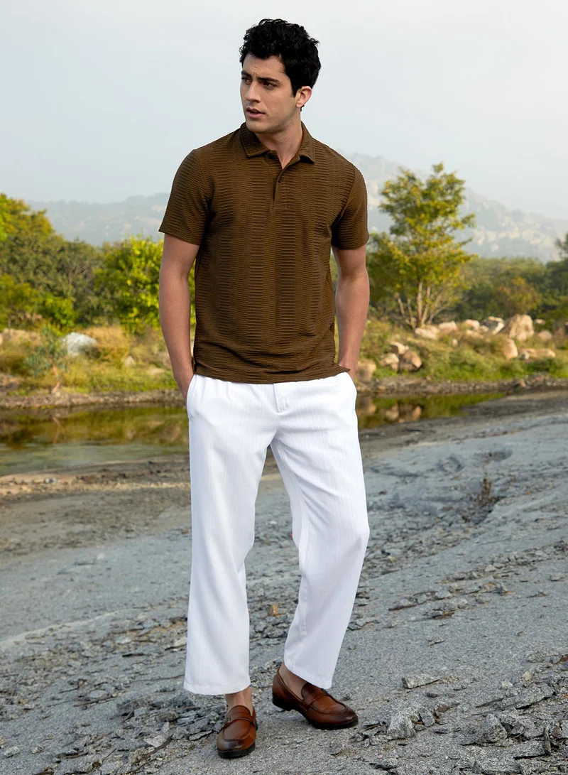 Campus Sutra Men's Mocha Brown Flatten-Ruched Polo T-Shirt