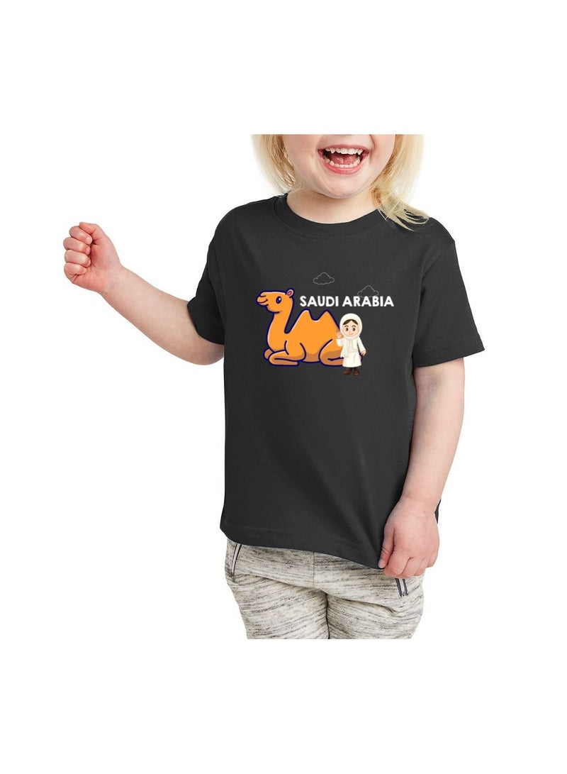 Saudi Arabia-Themed Girls Souvenir T-Shirt for Kids - Short Sleeve Round Neck Cotton Tshirt - Saudi Design with Camel - Ideal for School, Playtime - Image 1