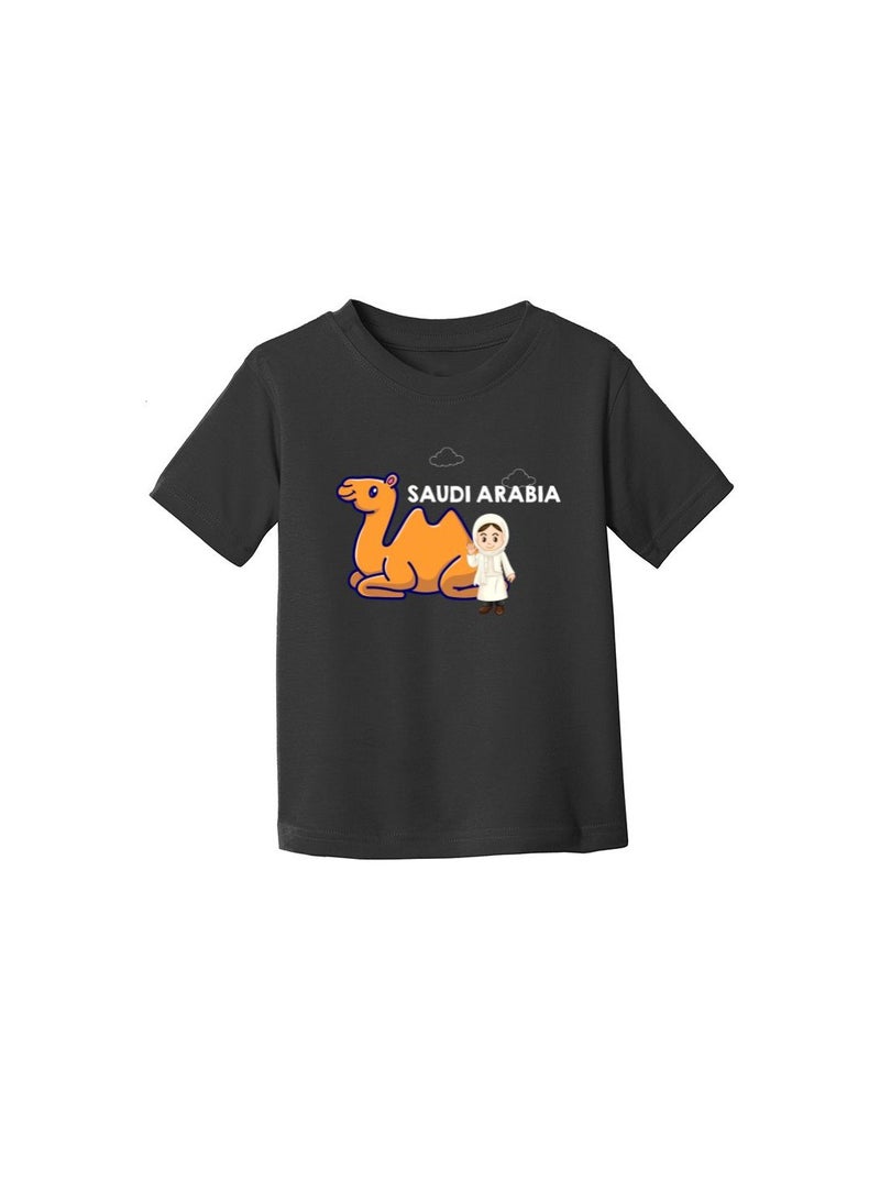 Saudi Arabia-Themed Girls Souvenir T-Shirt for Kids - Short Sleeve Round Neck Cotton Tshirt - Saudi Design with Camel - Ideal for School, Playtime - Image 3