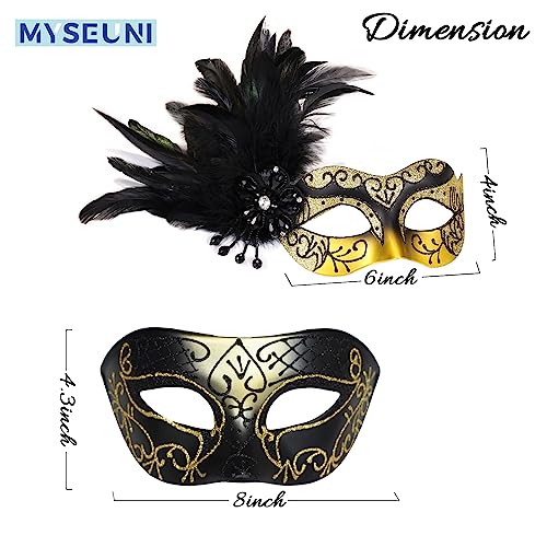 MYSEUNI Glod Masquerade Mask for Couples - Women's Mask with Feathers & Venetian Masks for Men - Party, Mardi Gras, Halloween, Cosplay, Prom, Christmas - Image 2