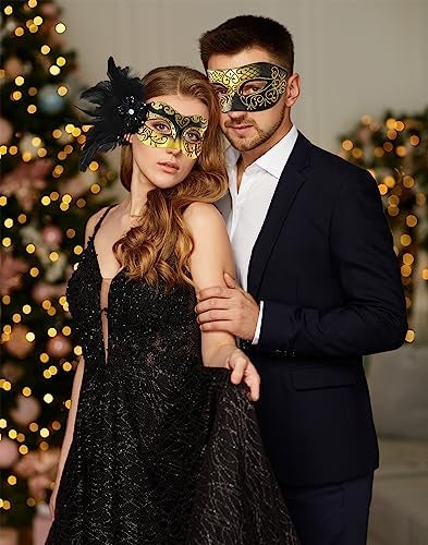 MYSEUNI Glod Masquerade Mask for Couples - Women's Mask with Feathers & Venetian Masks for Men - Party, Mardi Gras, Halloween, Cosplay, Prom, Christmas - Image 5