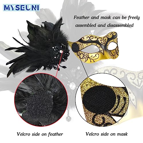 MYSEUNI Glod Masquerade Mask for Couples - Women's Mask with Feathers & Venetian Masks for Men - Party, Mardi Gras, Halloween, Cosplay, Prom, Christmas - Image 3