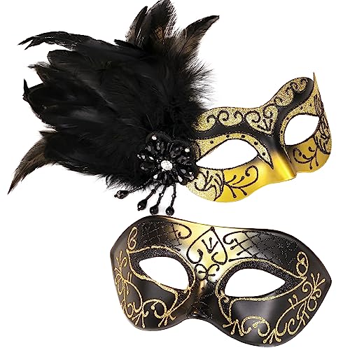 MYSEUNI Glod Masquerade Mask for Couples - Women's Mask with Feathers & Venetian Masks for Men - Party, Mardi Gras, Halloween, Cosplay, Prom, Christmas - Image 1