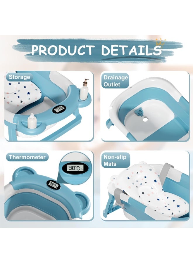 تراسل طفل حوض الاستحمام القابل للطي، حوض استحمام الطفل مع وسادة لينة ومقياس الحرارة في الوقت الحقيقي، طفل حوض الاستحمام الرضع إلى حوض الأطفال (0-36 شهرا)، منقل حمام سفر حديثي الولادة - Image 3