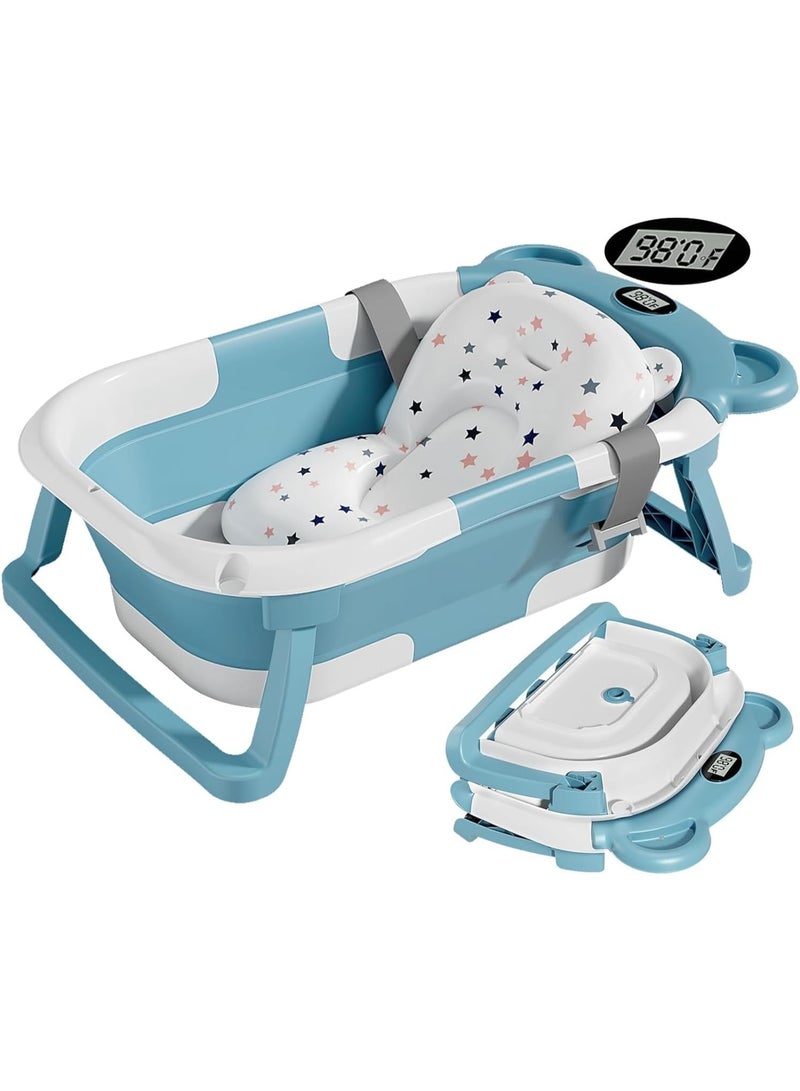تراسل طفل حوض الاستحمام القابل للطي، حوض استحمام الطفل مع وسادة لينة ومقياس الحرارة في الوقت الحقيقي، طفل حوض الاستحمام الرضع إلى حوض الأطفال (0-36 شهرا)، منقل حمام سفر حديثي الولادة - Image 1