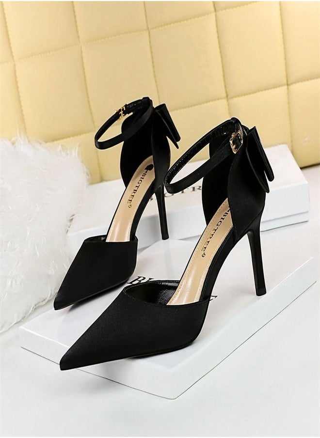 BIGTREE Sweet Shallow Mouth Pointed Bow Thin High Heels 8CM Black 