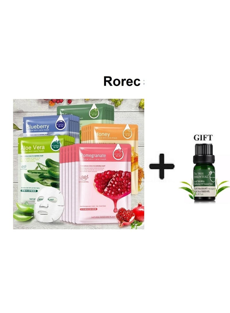 ROREC 25-Piece Moisturizing Face Mask Multicolour + Tea Tree Oil 10ml to soothe the skin FREE