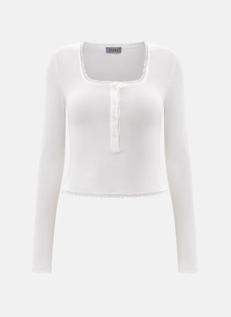 Lichi Jersey top with lace ribbon at the neck