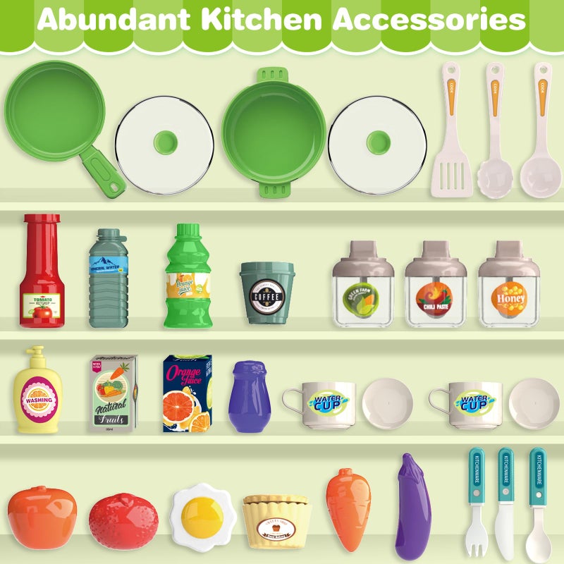 Letapapa Play Kitchen Set, Kids Kitchen Playset with Realistic Sound & Light, Cooking Stove, Sink, Play Food and Accessories, 57 Pcs Kitchen Toys Gifts for Toddlers 2-4 3-5 Boys Girls (Green) - Image 2