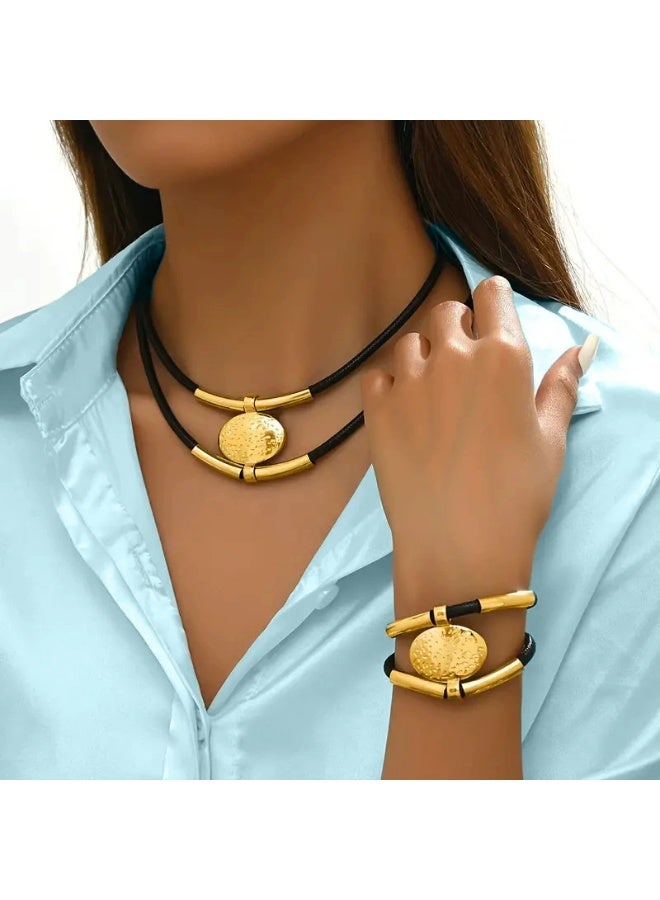 Goolsky طقم مجوهرات نسائي بأسلوب بوهيمي - قلادة وسوار أنبوب نحاسي عتيق، إكسسوارات يدوية الصنع بأسلوب عرقي - Image 2