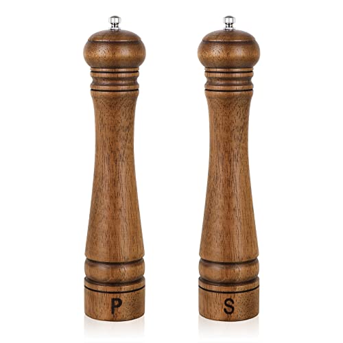 XWXO Pack of 2 Wood Pepper Grinder Set, 10 Inch Salt Mill And Pepper Grinder Set, Pepper Mill, Salt Shakers with Adjustable Ceramic Rotor - Oak Wood Pepper Grinder And Salt Mill for Your Kitchen - Image 1