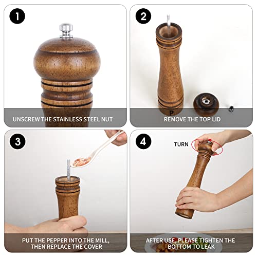 XWXO Pack of 2 Wood Pepper Grinder Set, 10 Inch Salt Mill And Pepper Grinder Set, Pepper Mill, Salt Shakers with Adjustable Ceramic Rotor - Oak Wood Pepper Grinder And Salt Mill for Your Kitchen - Image 4