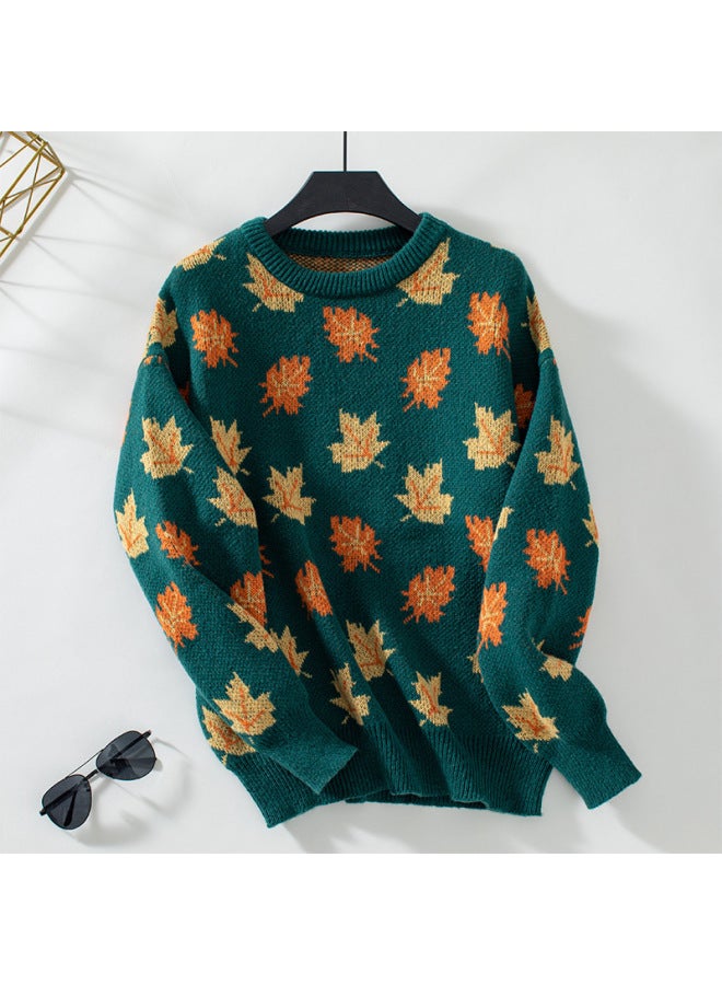 European And American Women's Clothing New Style Maple Leaf Pattern Jacquard over Sweater For Women Autumn And Winter Loose Knitted Sweater Top For Women