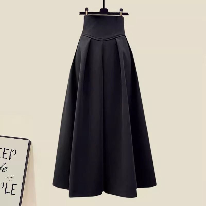 Summer 2024 Plus Size Slimming V-Neck Shirt and Skirt Set 9358 black skirt
