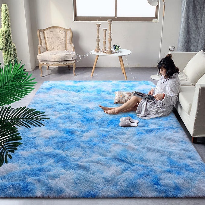 FLUFFY BLUE SHAG RUGS FOR BEDROOM LIVING ROOM 4X6 FEET SOFT PLUSH TIEDYED LIGHT SKYBLUE GIRLS BOYS KIDS RUG UPGRADED NONSLIP AND MACHINE WASHABLE CARPET FOR DORM NURSERY CLASSROOM DECOR